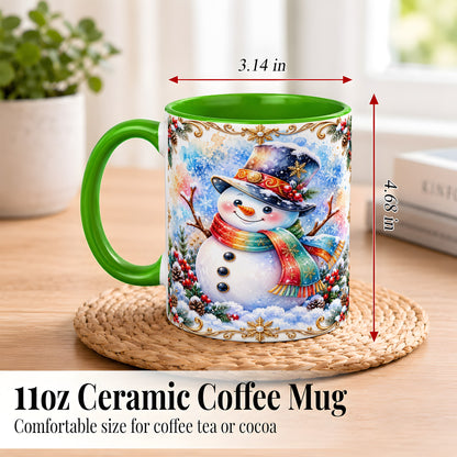 #pl[11oz|Green] Holly Snowman Coffee Mug, Festive Winter Mug, Ceramic Cup