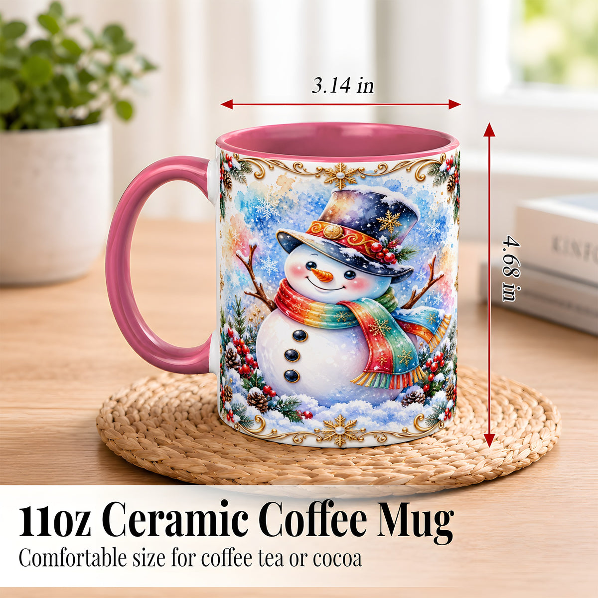 #pl[11oz|Pink] Holly Snowman Coffee Mug, Festive Winter Mug, Ceramic Cup