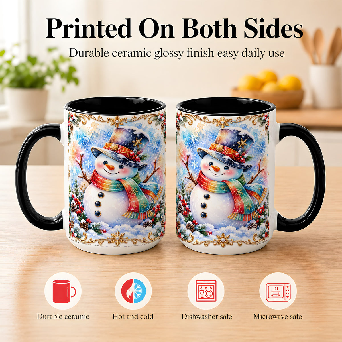 #pl[15oz|Black] Holly Snowman Coffee Mug, Festive Winter Mug, Ceramic Cup