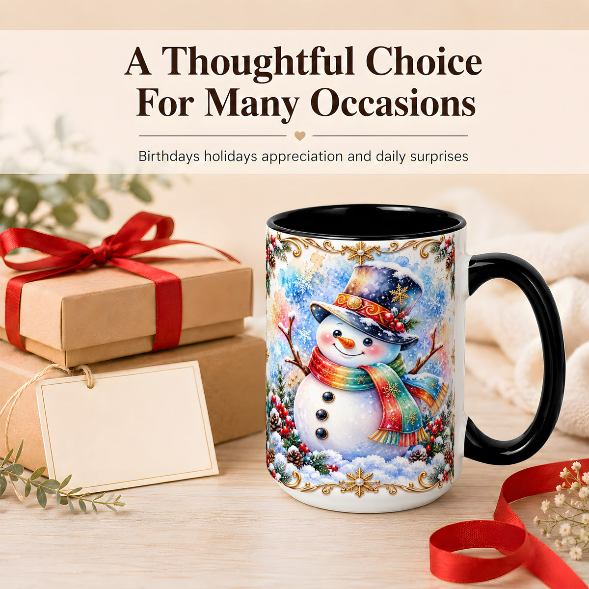 #pl[15oz|Black] Holly Snowman Coffee Mug, Festive Winter Mug, Ceramic Cup