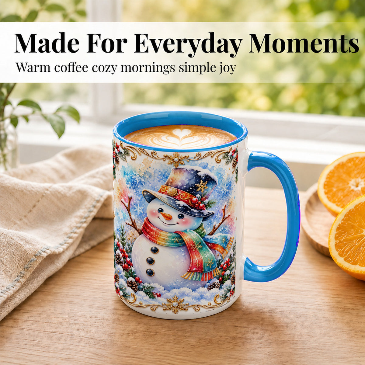 #pl[15oz|Blue] Holly Snowman Coffee Mug, Festive Winter Mug, Ceramic Cup