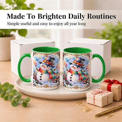 #pl[15oz|Green] Holly Snowman Coffee Mug, Festive Winter Mug, Ceramic Cup