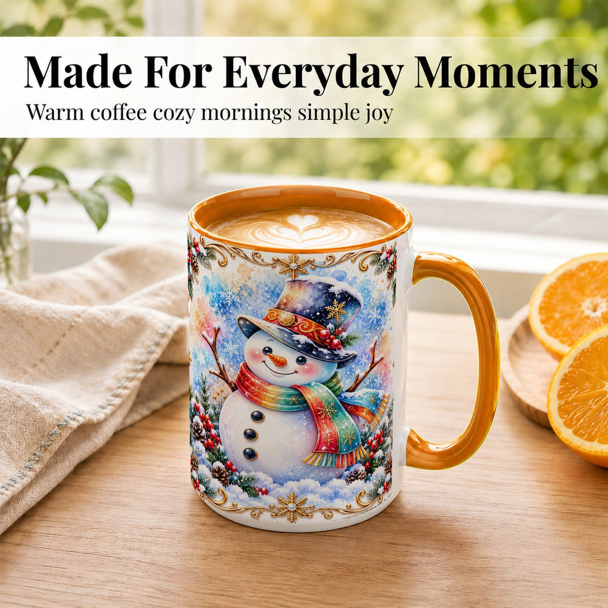 #pl[15oz|Orange] Holly Snowman Coffee Mug, Festive Winter Mug, Ceramic Cup