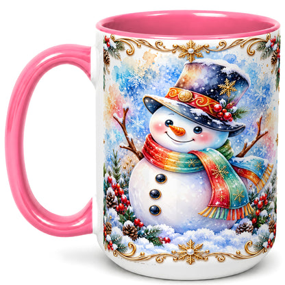 #pl[15oz|Pink] Holly Snowman Coffee Mug, Festive Winter Mug, Ceramic Cup