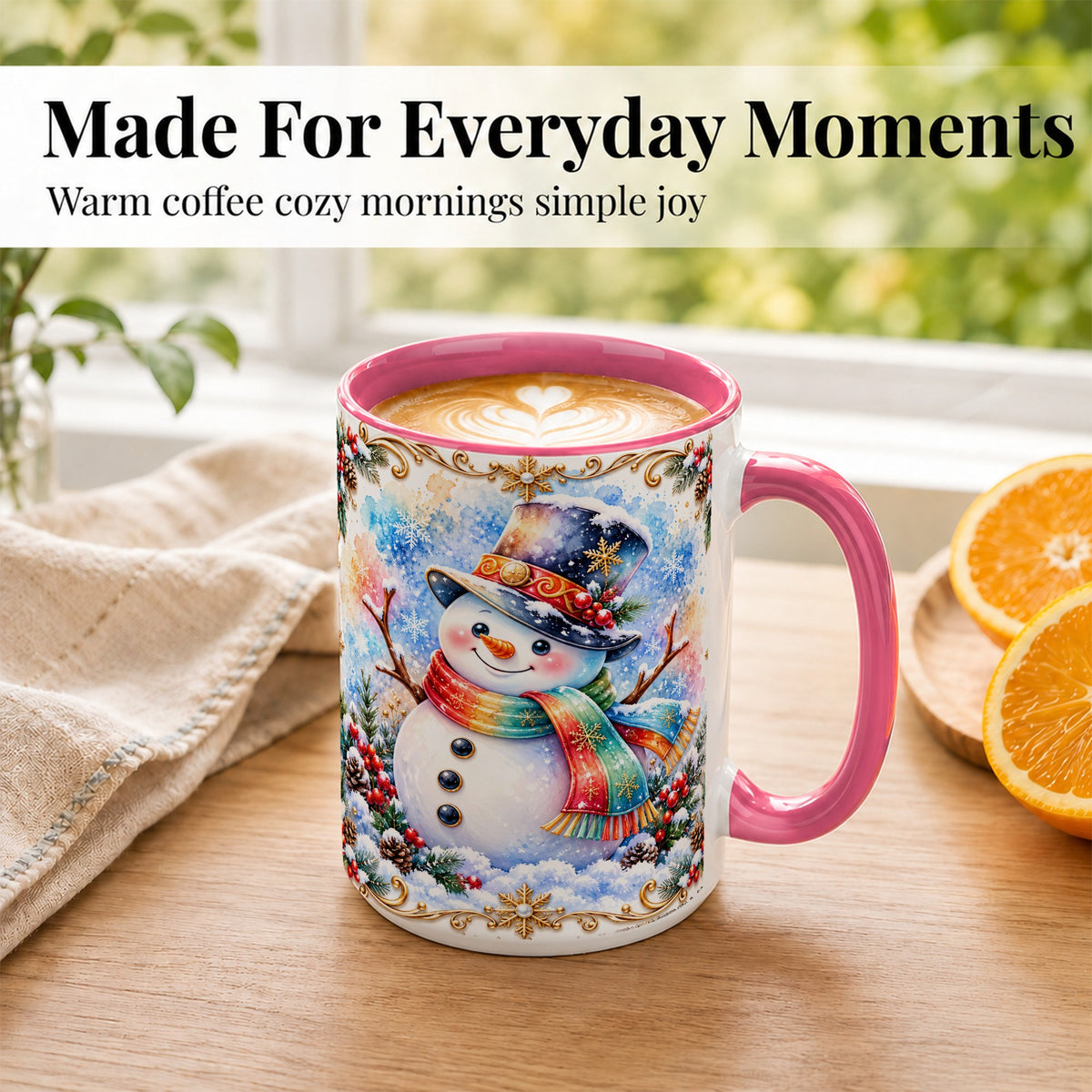 #pl[15oz|Pink] Holly Snowman Coffee Mug, Festive Winter Mug, Ceramic Cup