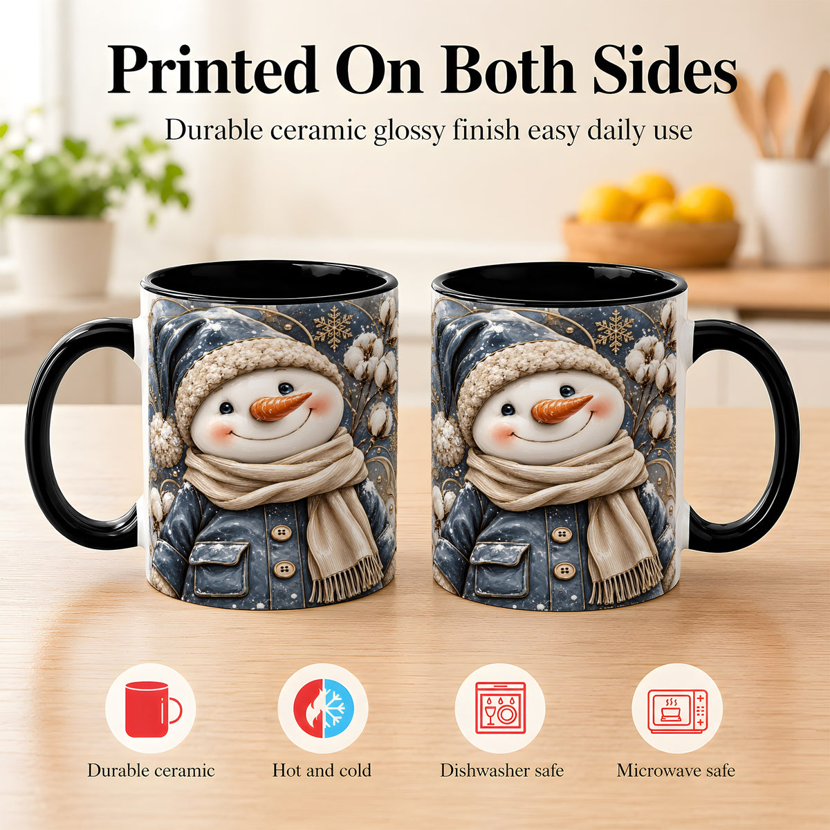 #pl[11oz|Black] Golden Snowman Coffee Mug, Winter Snowman Mug, Ceramic Cup