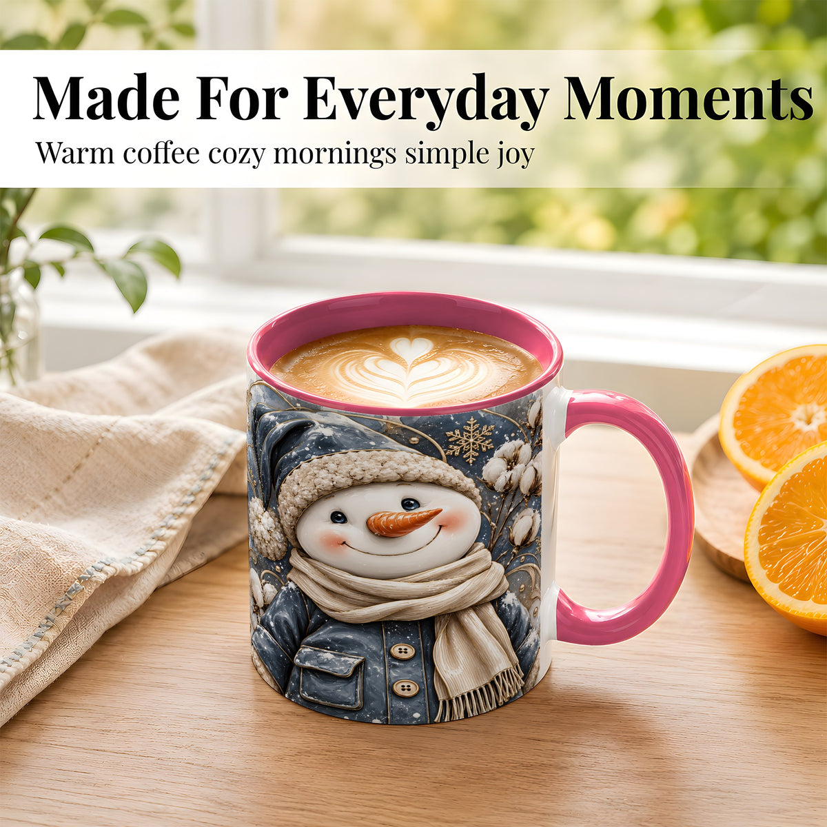 #pl[11oz|Pink] Golden Snowman Coffee Mug, Winter Snowman Mug, Ceramic Cup