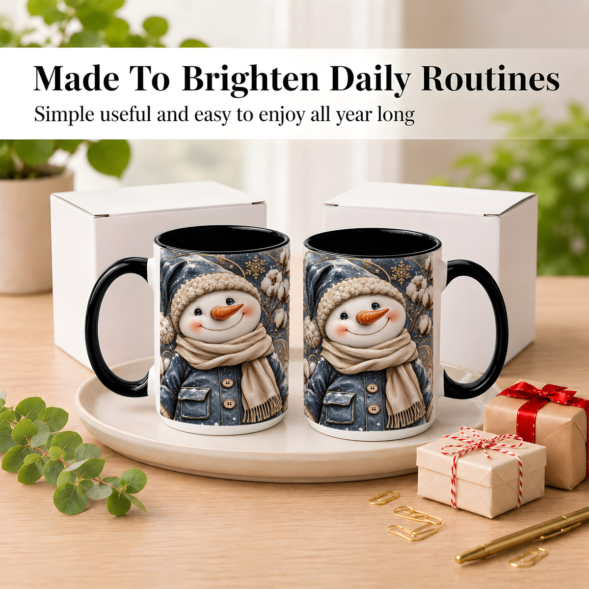 #pl[15oz|Black] Golden Snowman Coffee Mug, Winter Snowman Mug, Ceramic Cup