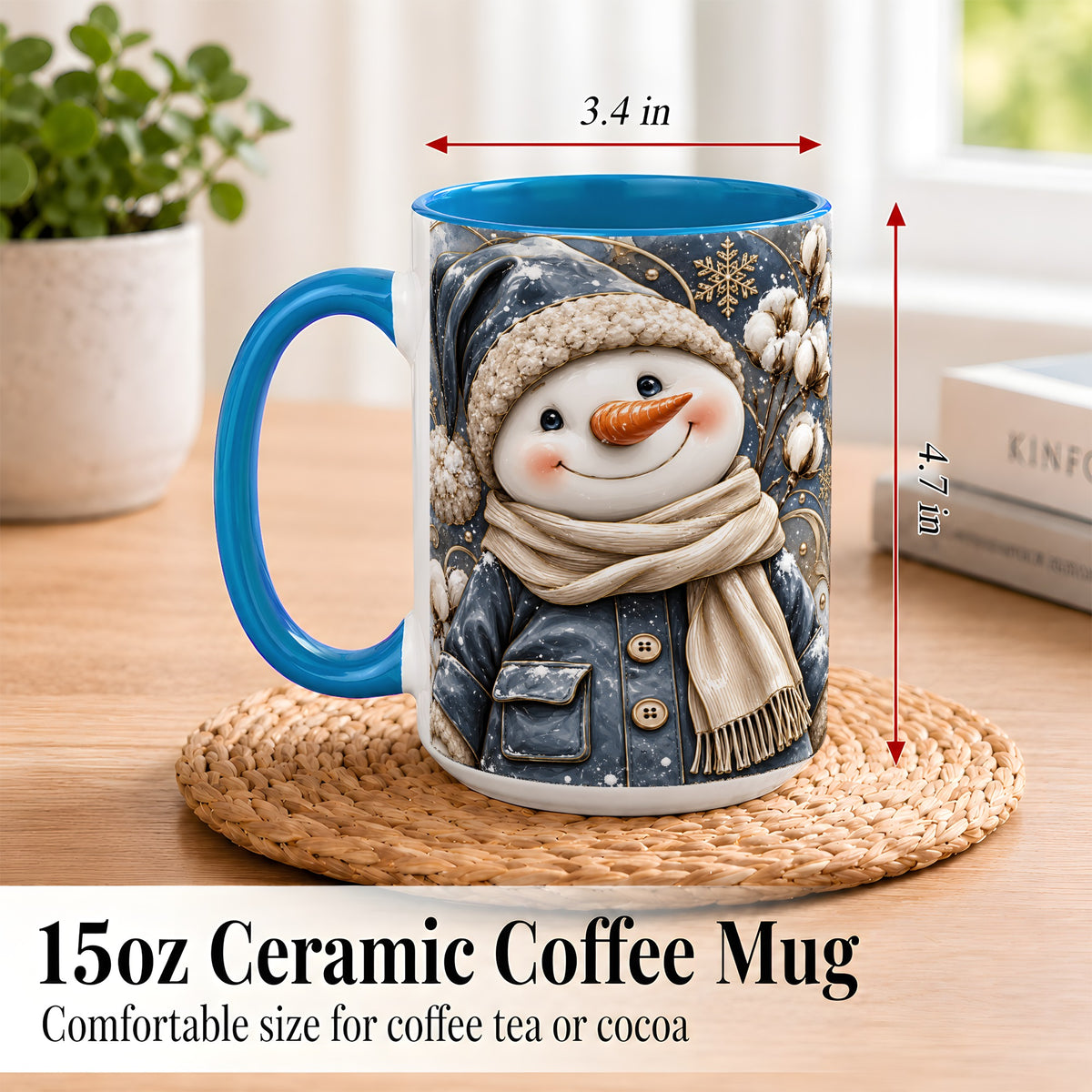 #pl[15oz|Blue] Golden Snowman Coffee Mug, Winter Snowman Mug, Ceramic Cup