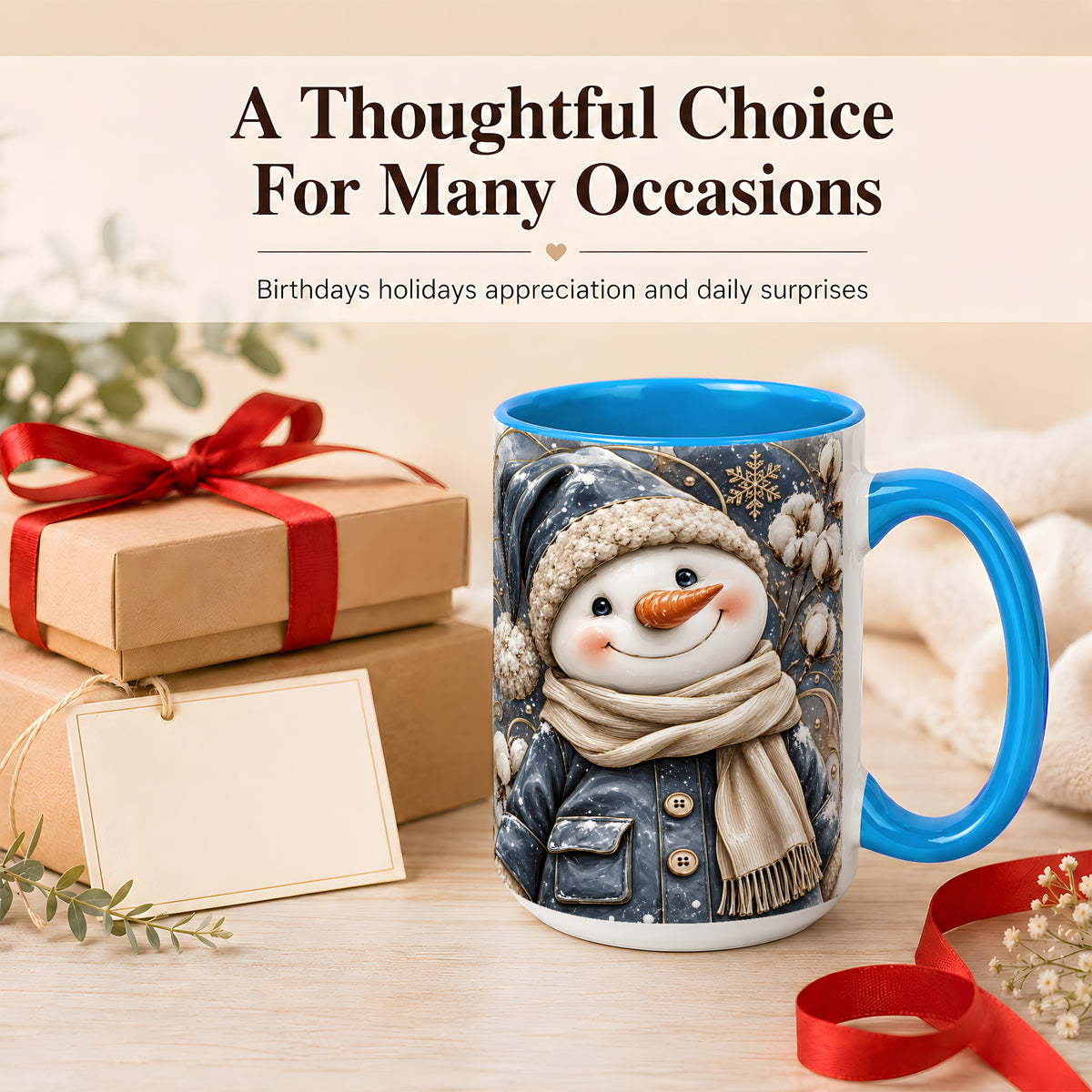 #pl[15oz|Blue] Golden Snowman Coffee Mug, Winter Snowman Mug, Ceramic Cup