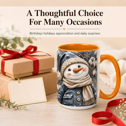 #pl[15oz|Orange] Golden Snowman Coffee Mug, Winter Snowman Mug, Ceramic Cup