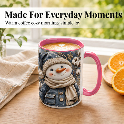 #pl[15oz|Pink] Golden Snowman Coffee Mug, Winter Snowman Mug, Ceramic Cup