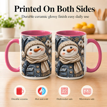 #pl[15oz|Pink] Golden Snowman Coffee Mug, Winter Snowman Mug, Ceramic Cup