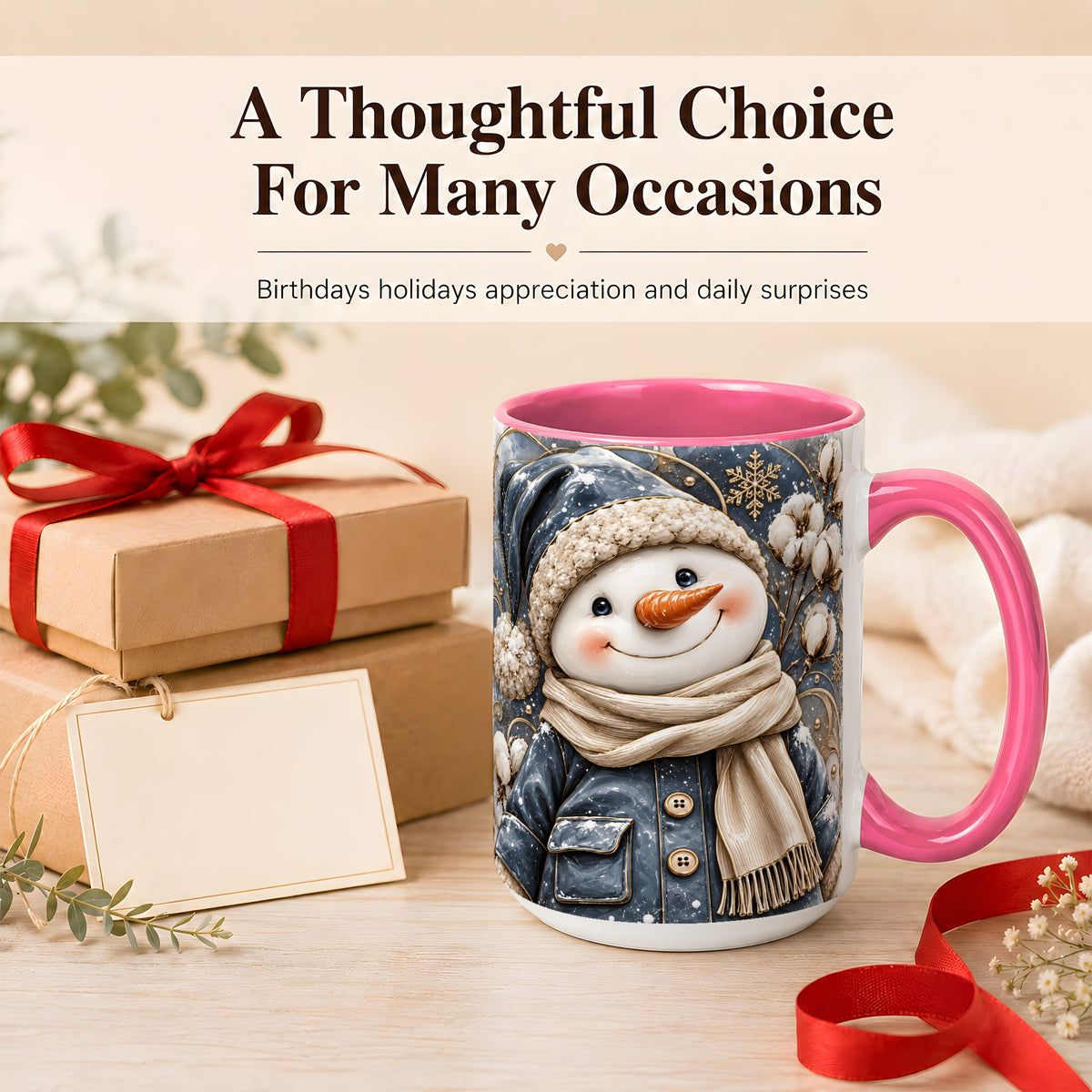 #pl[15oz|Pink] Golden Snowman Coffee Mug, Winter Snowman Mug, Ceramic Cup
