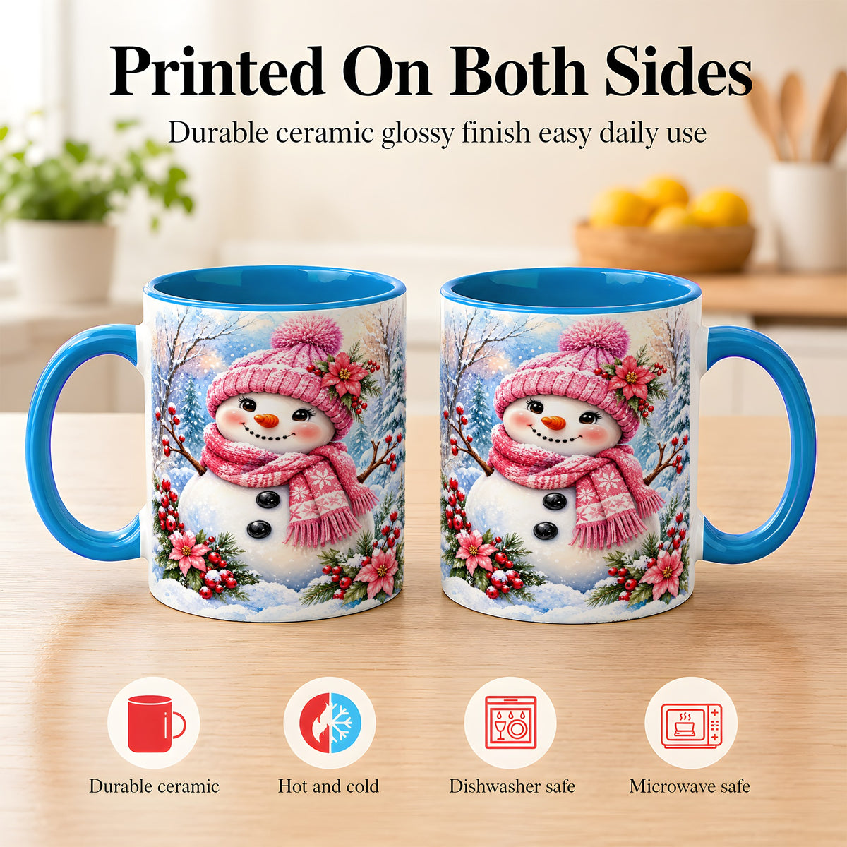 #pl[11oz|Blue] Pink Snowman Coffee Mug, Floral Snowman Mug, Ceramic Cup
