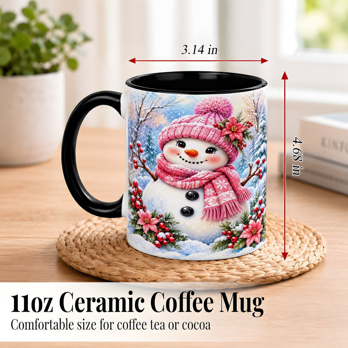 #pl[11oz|Black] Pink Snowman Coffee Mug, Floral Snowman Mug, Ceramic Cup