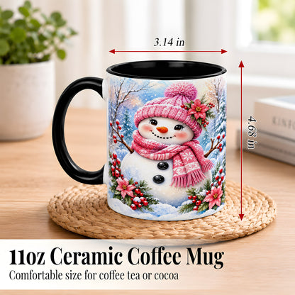 #pl[11oz|Black] Pink Snowman Coffee Mug, Floral Snowman Mug, Ceramic Cup