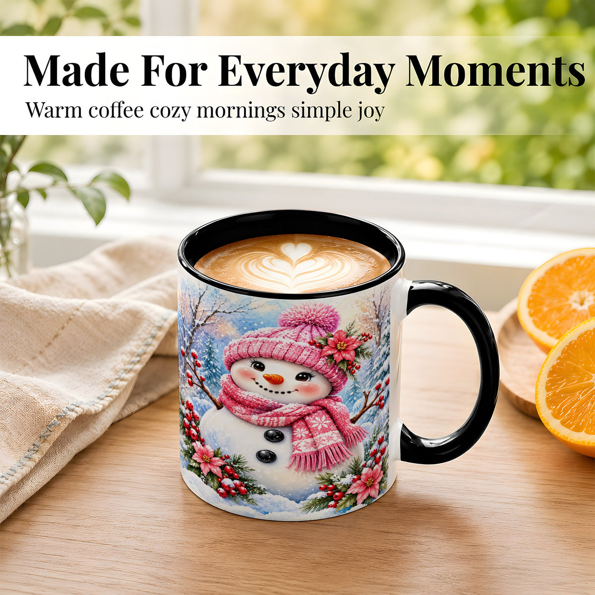 #pl[11oz|Black] Pink Snowman Coffee Mug, Floral Snowman Mug, Ceramic Cup