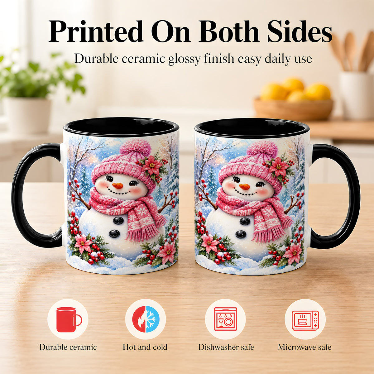 #pl[11oz|Black] Pink Snowman Coffee Mug, Floral Snowman Mug, Ceramic Cup