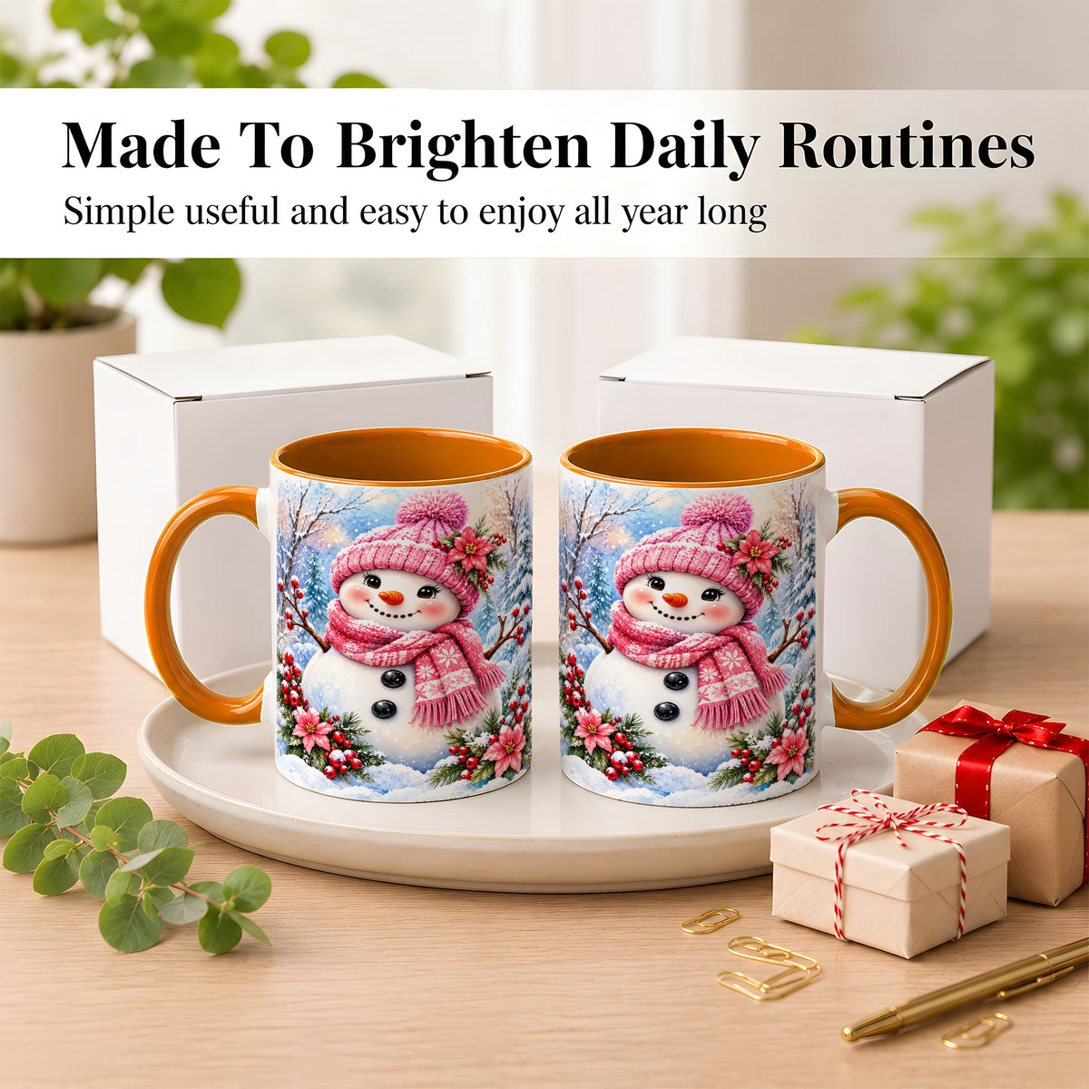 #pl[11oz|Orange] Pink Snowman Coffee Mug, Floral Snowman Mug, Ceramic Cup