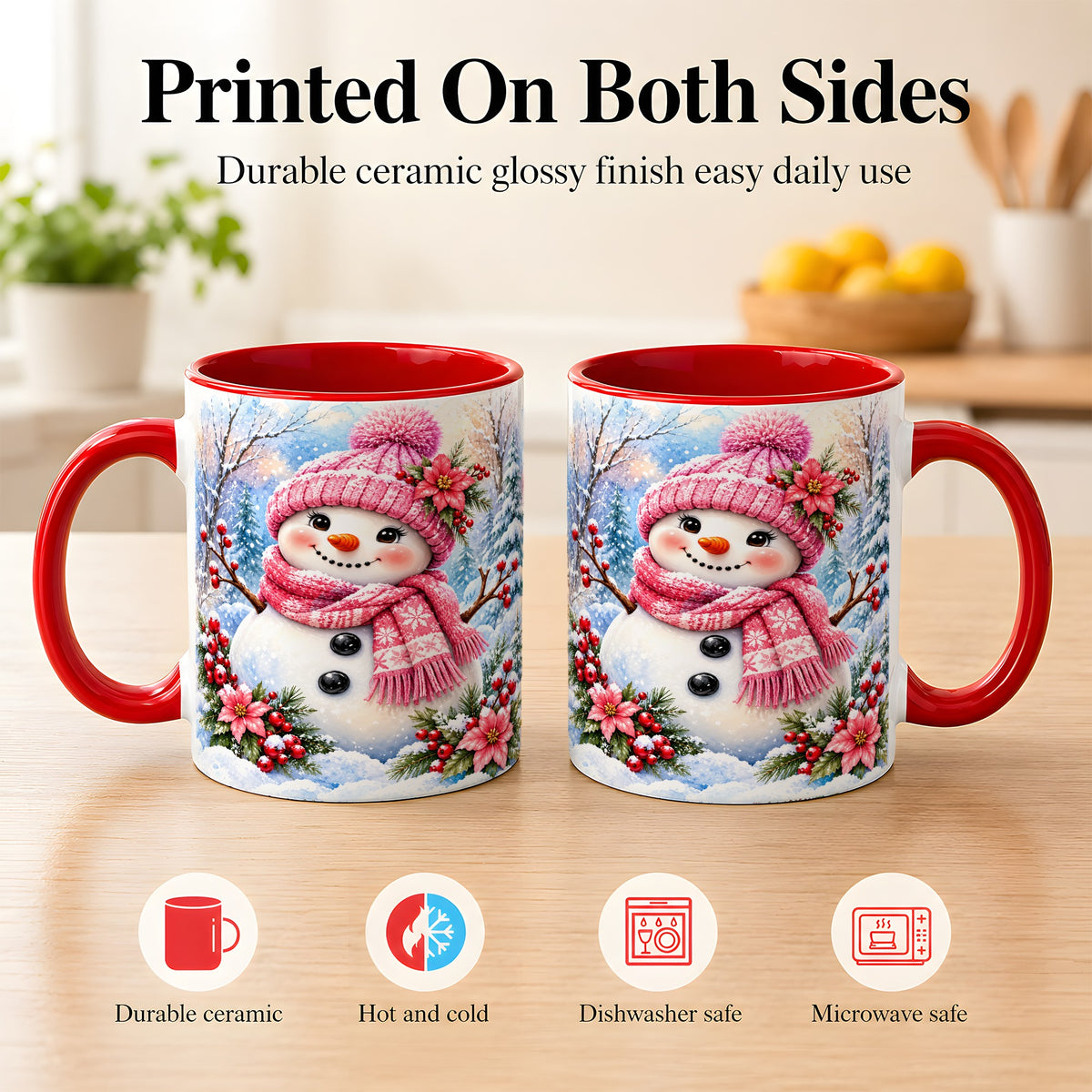#pl[11oz|Red] Pink Snowman Coffee Mug, Floral Snowman Mug, Ceramic Cup