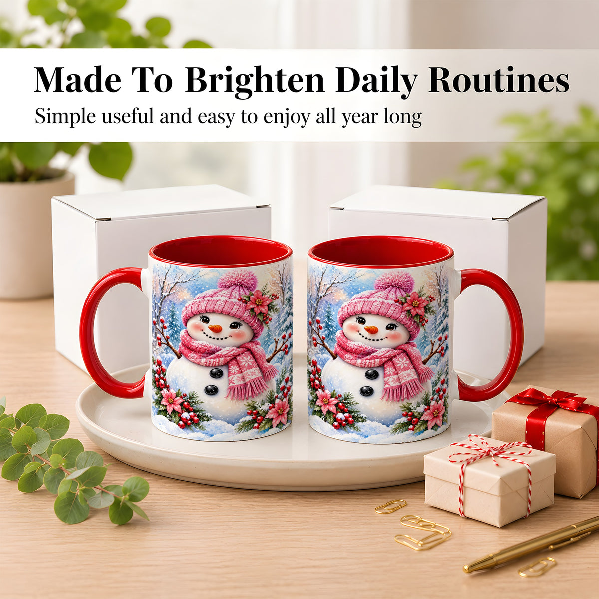 #pl[11oz|Red] Pink Snowman Coffee Mug, Floral Snowman Mug, Ceramic Cup