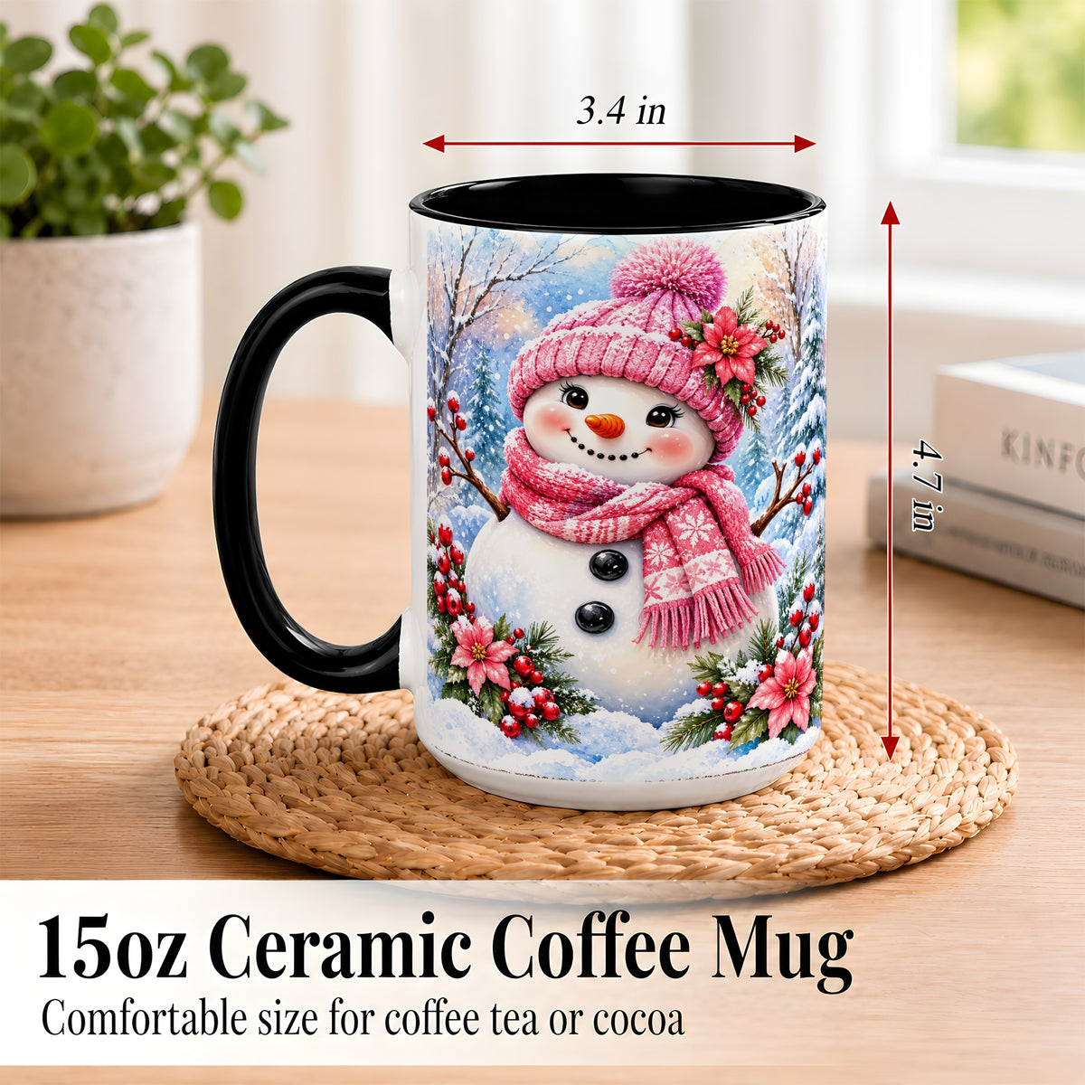 #pl[15oz|Black] Pink Snowman Coffee Mug, Floral Snowman Mug, Ceramic Cup