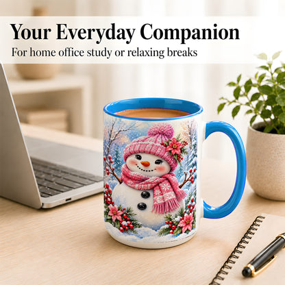 #pl[15oz|Blue] Pink Snowman Coffee Mug, Floral Snowman Mug, Ceramic Cup