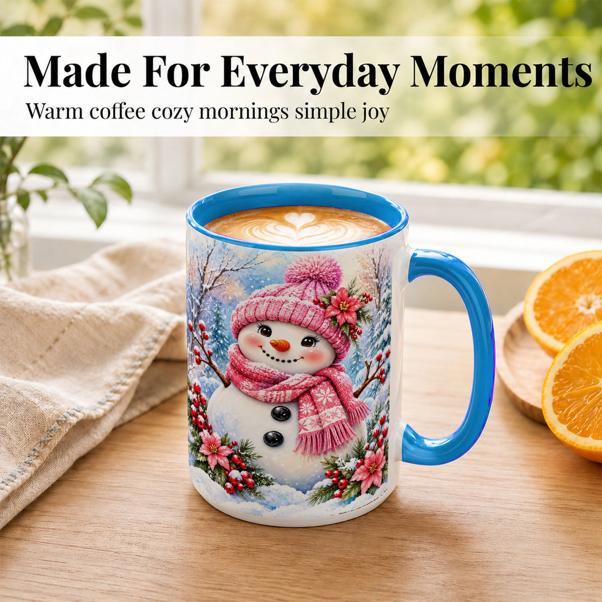 #pl[15oz|Blue] Pink Snowman Coffee Mug, Floral Snowman Mug, Ceramic Cup