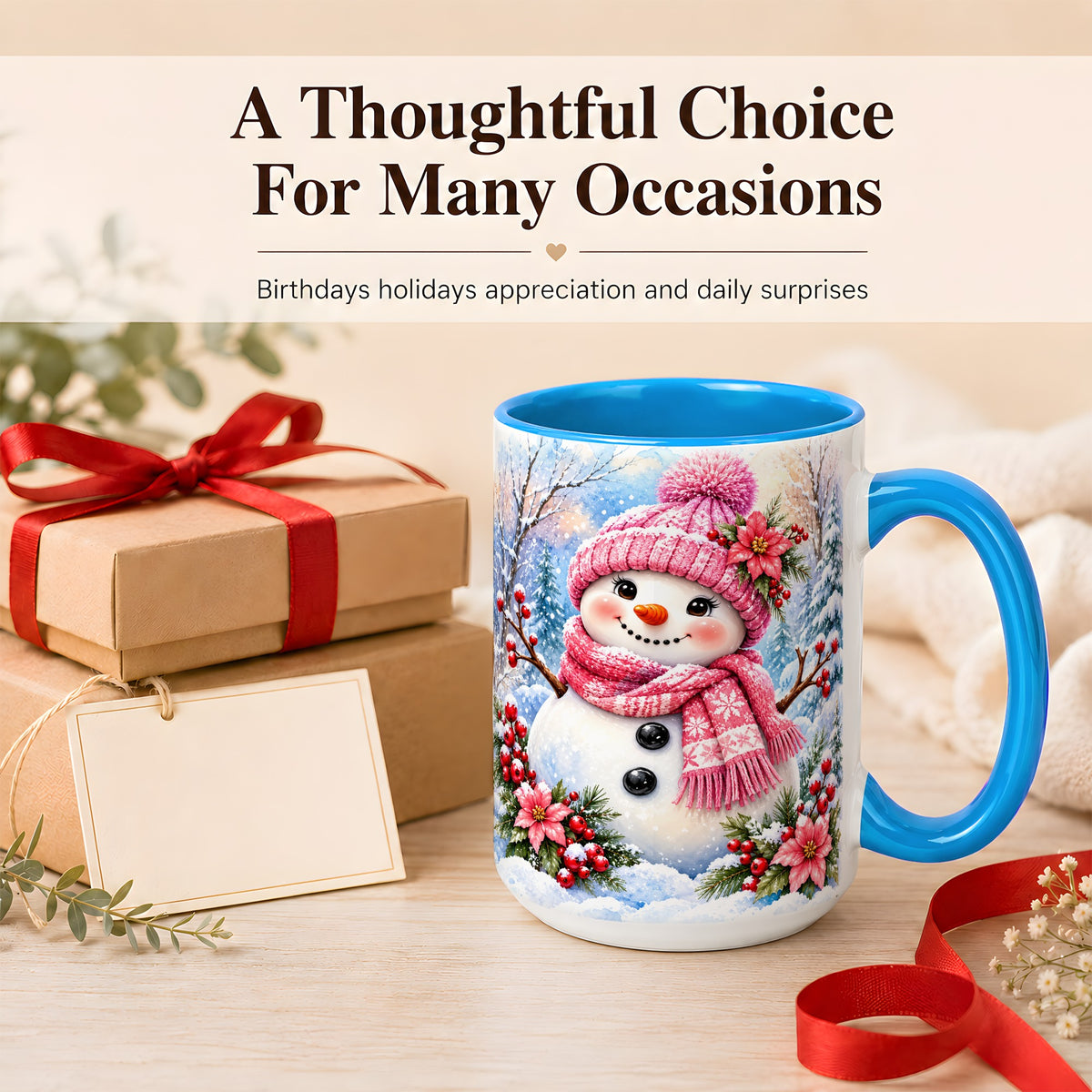 #pl[15oz|Blue] Pink Snowman Coffee Mug, Floral Snowman Mug, Ceramic Cup