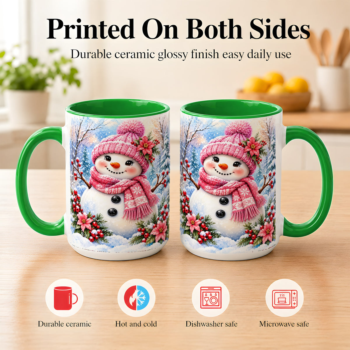 #pl[15oz|Green] Pink Snowman Coffee Mug, Floral Snowman Mug, Ceramic Cup