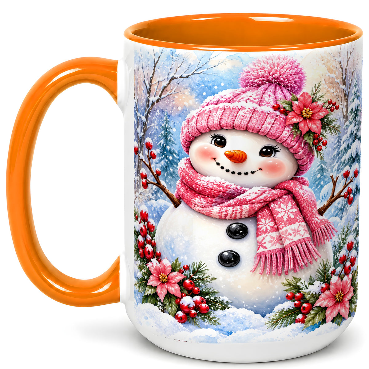 #pl[15oz|Orange] Pink Snowman Coffee Mug, Floral Snowman Mug, Ceramic Cup
