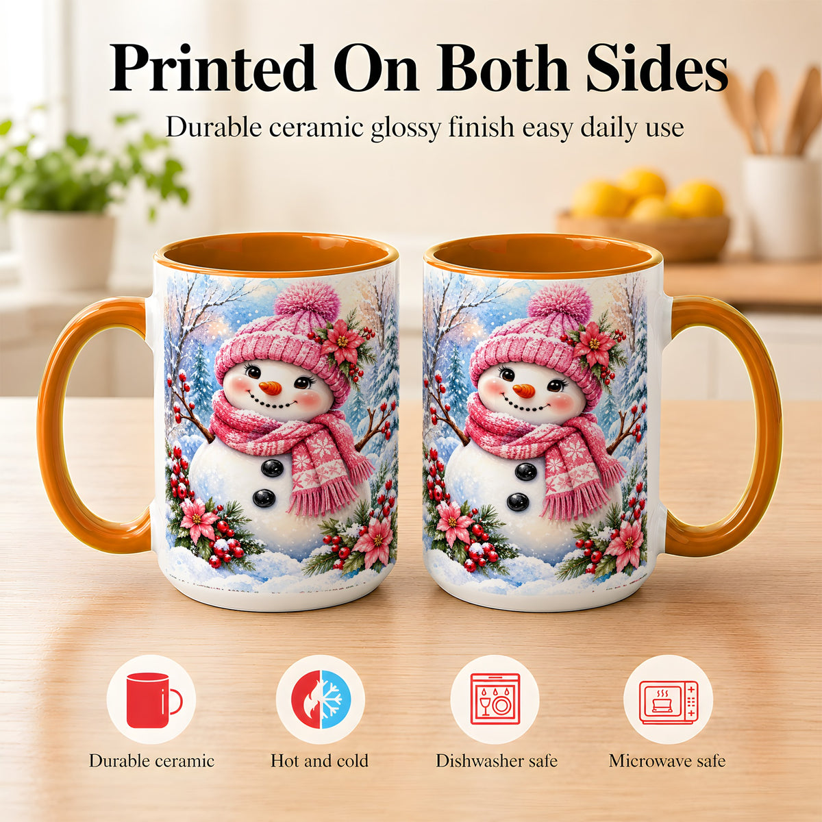 #pl[15oz|Orange] Pink Snowman Coffee Mug, Floral Snowman Mug, Ceramic Cup
