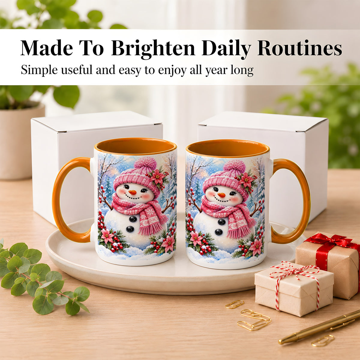#pl[15oz|Orange] Pink Snowman Coffee Mug, Floral Snowman Mug, Ceramic Cup