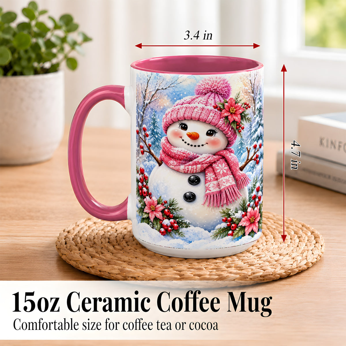 #pl[15oz|Pink] Pink Snowman Coffee Mug, Floral Snowman Mug, Ceramic Cup
