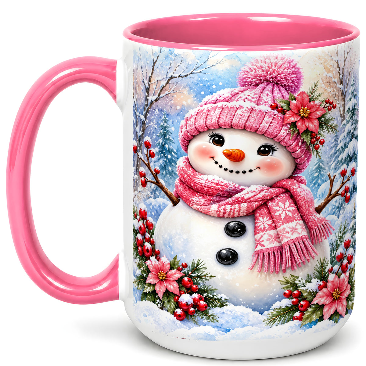 #pl[15oz|Pink] Pink Snowman Coffee Mug, Floral Snowman Mug, Ceramic Cup
