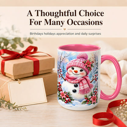 #pl[15oz|Pink] Pink Snowman Coffee Mug, Floral Snowman Mug, Ceramic Cup