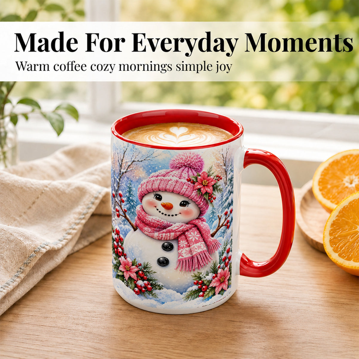 #pl[15oz|Red] Pink Snowman Coffee Mug, Floral Snowman Mug, Ceramic Cup