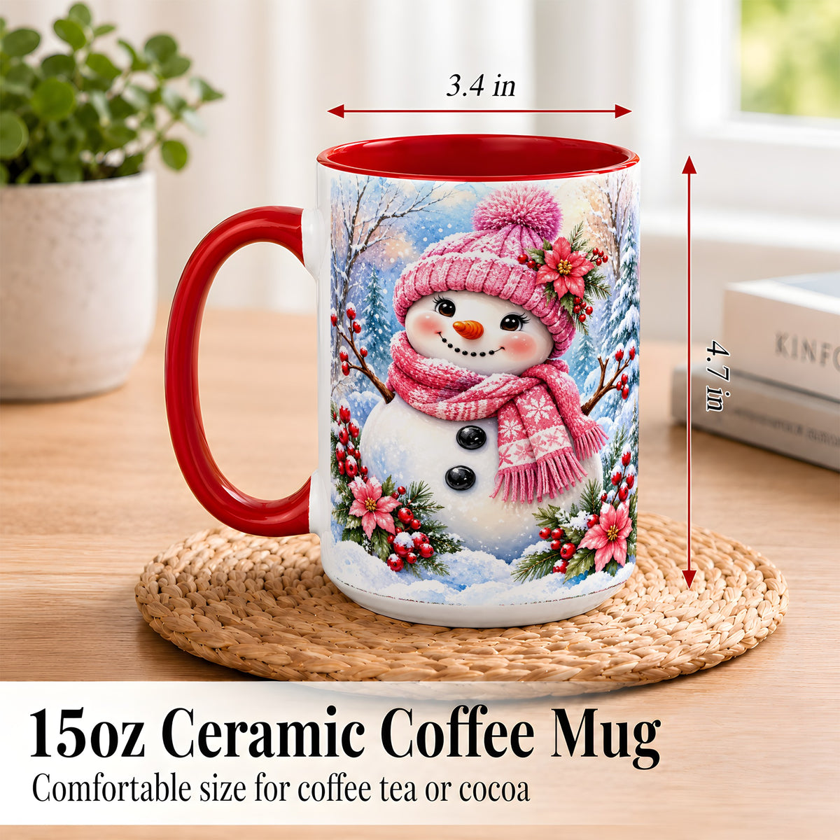 #pl[15oz|Red] Pink Snowman Coffee Mug, Floral Snowman Mug, Ceramic Cup