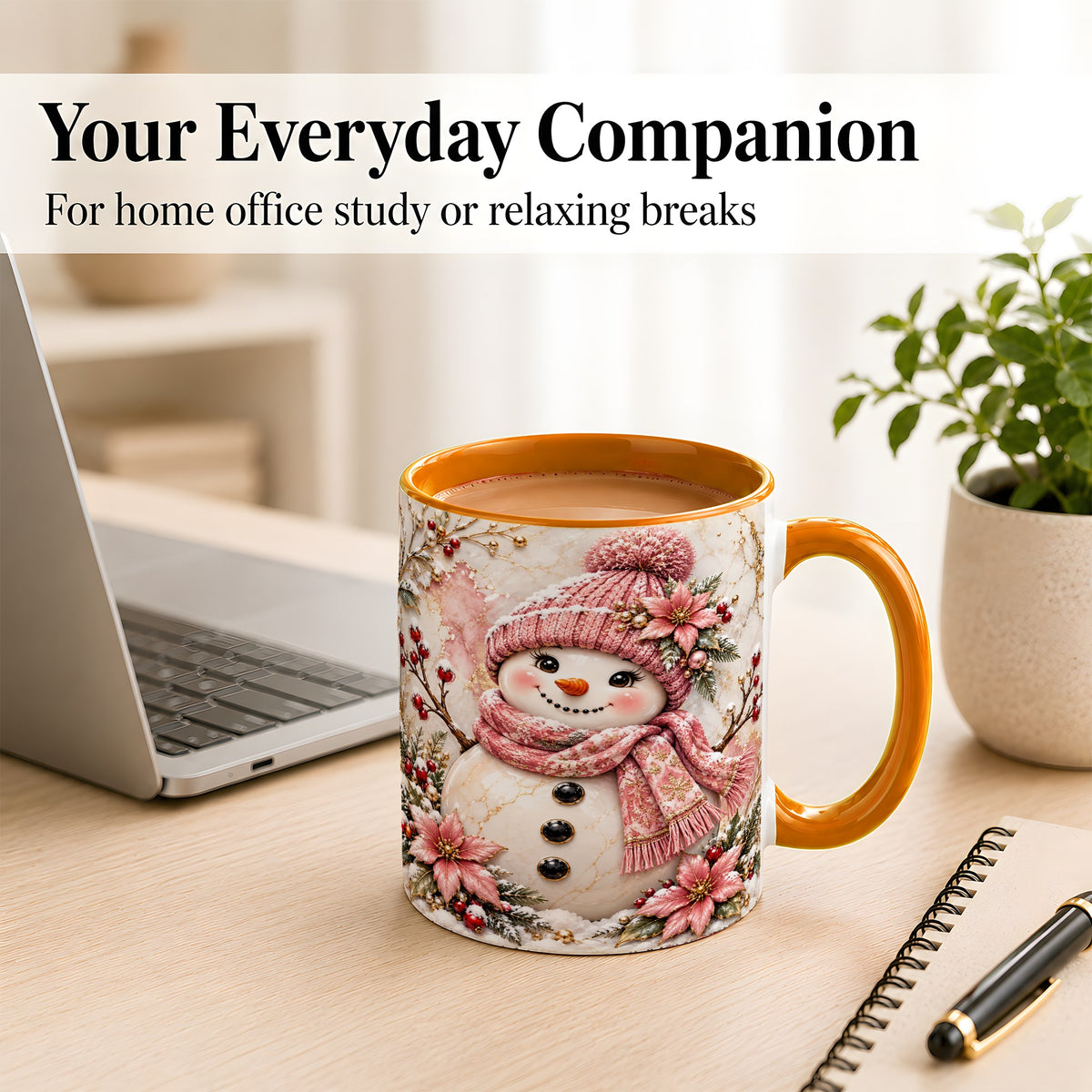 #pl[11oz|Orange] Marble Snowman Coffee Mug, Pink Floral Snowman Mug, Ceramic Cup