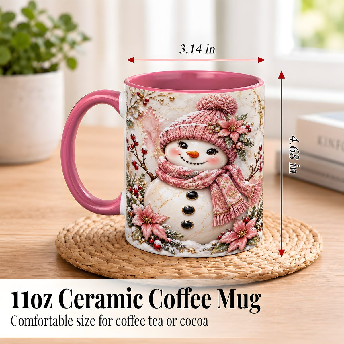 #pl[11oz|Pink] Marble Snowman Coffee Mug, Pink Floral Snowman Mug, Ceramic Cup