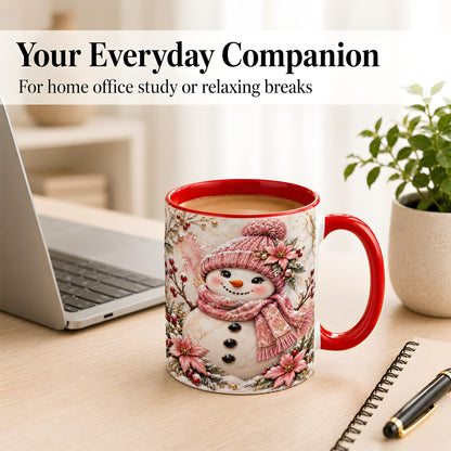 #pl[11oz|Red] Marble Snowman Coffee Mug, Pink Floral Snowman Mug, Ceramic Cup