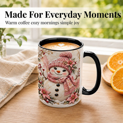 #pl[15oz|Black] Marble Snowman Coffee Mug, Pink Floral Snowman Mug, Ceramic Cup