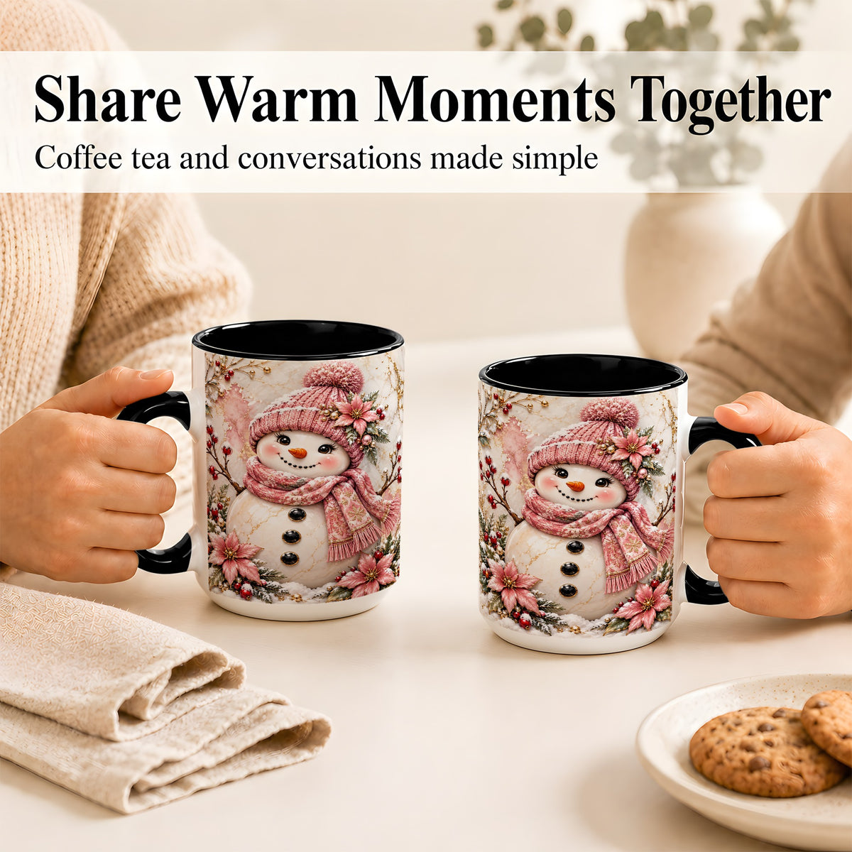 #pl[15oz|Black] Marble Snowman Coffee Mug, Pink Floral Snowman Mug, Ceramic Cup