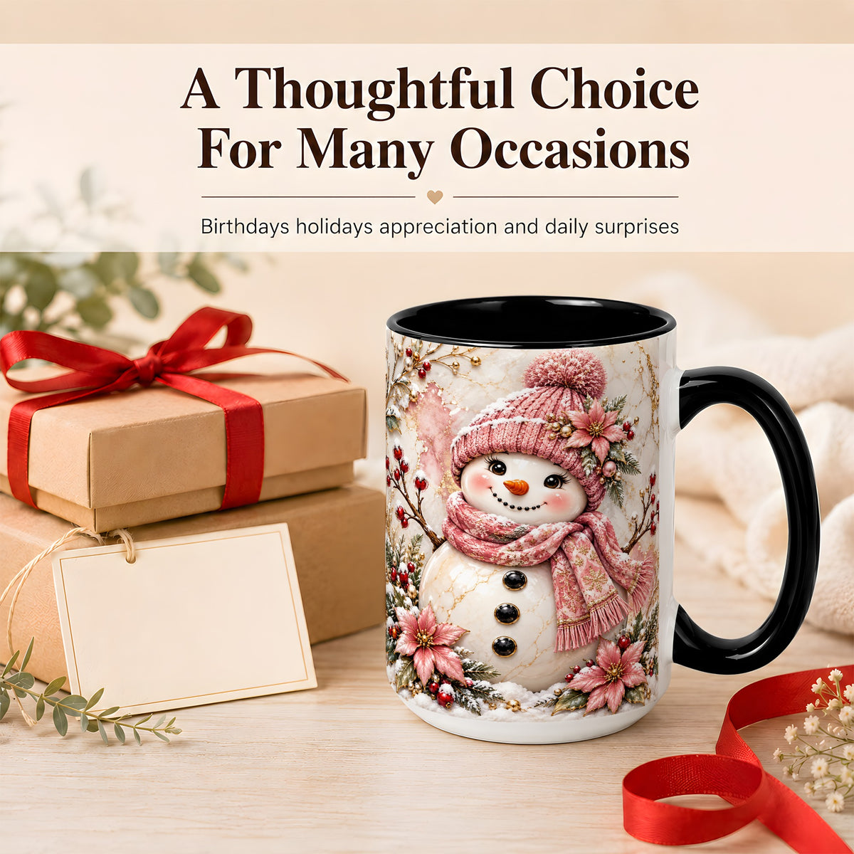 #pl[15oz|Black] Marble Snowman Coffee Mug, Pink Floral Snowman Mug, Ceramic Cup