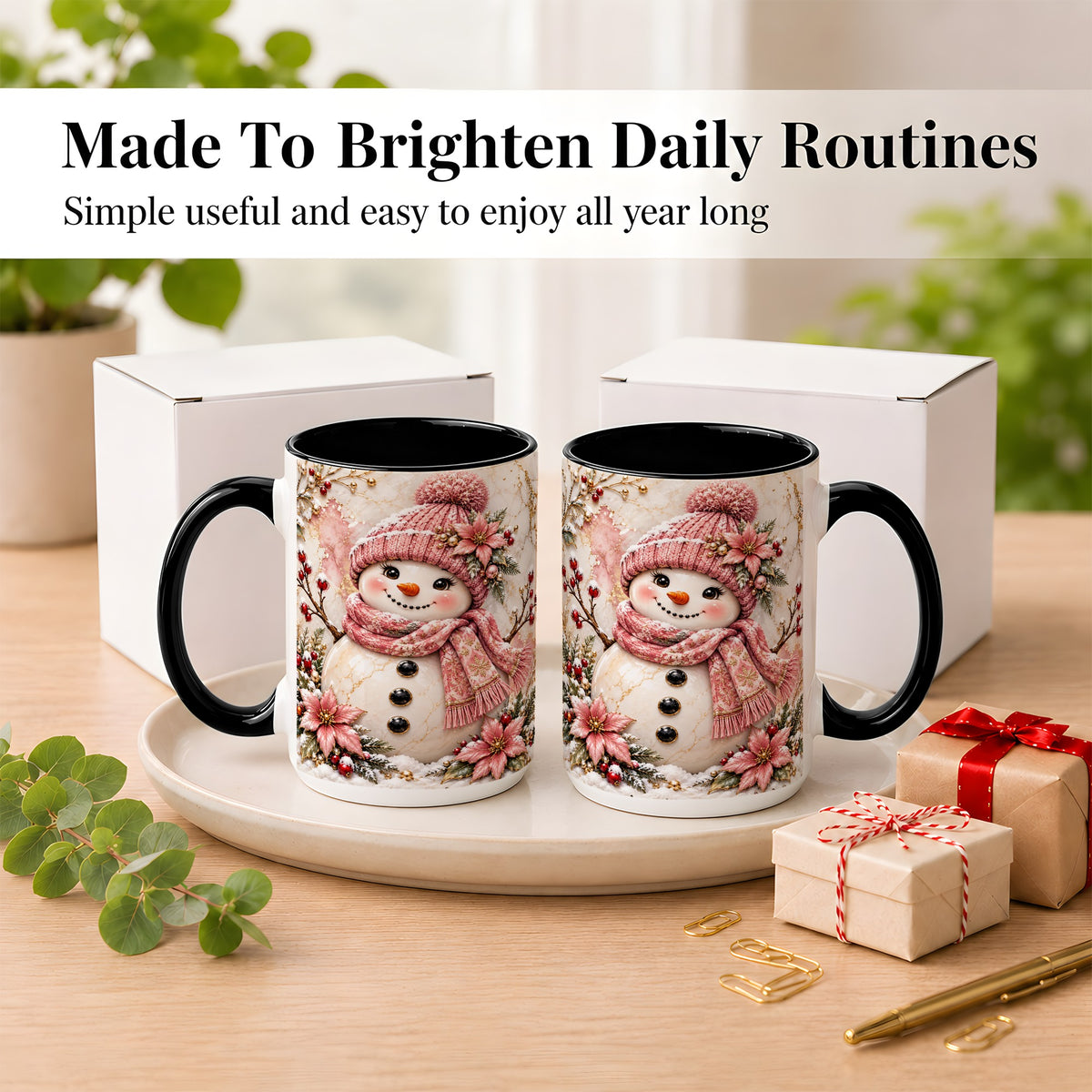 #pl[15oz|Black] Marble Snowman Coffee Mug, Pink Floral Snowman Mug, Ceramic Cup