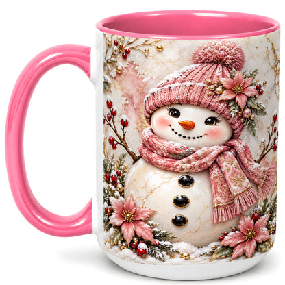#pl[15oz|Pink] Marble Snowman Coffee Mug, Pink Floral Snowman Mug, Ceramic Cup
