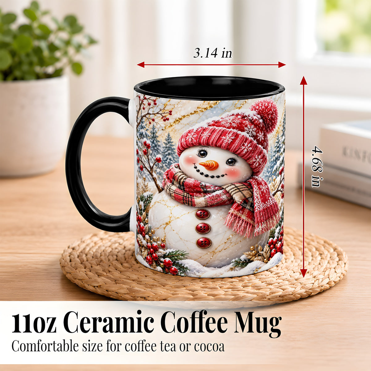 #pl[11oz|Black] Red Winter Snowman Coffee Mug, Plaid Snowman Mug, Ceramic Cup