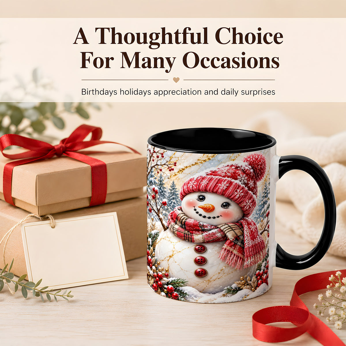 #pl[11oz|Black] Red Winter Snowman Coffee Mug, Plaid Snowman Mug, Ceramic Cup