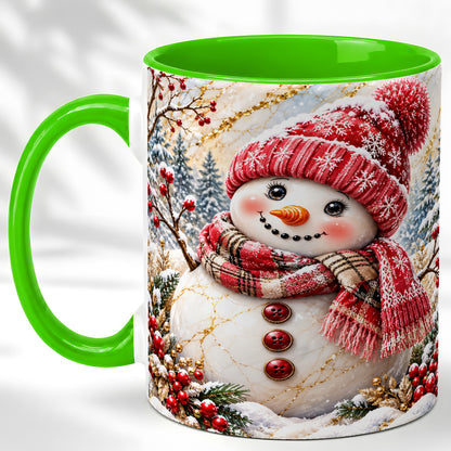 #pl[11oz|Green] Red Winter Snowman Coffee Mug, Plaid Snowman Mug, Ceramic Cup